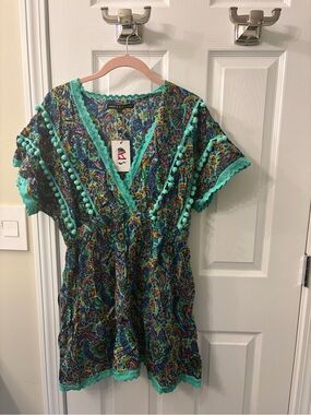 Boho Teal Pom-Pom V-Neck Swimsuit Cover up.